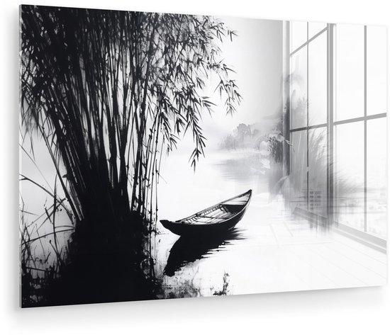 MuchoWow® Tableau sur verre 90x60 cm - Peinture acrylique sur verre - Bateau - Rivière - Bamboe - Wit - Photo sur verre - Décoration murale murale salon - Décoration murale chambre - Peintures