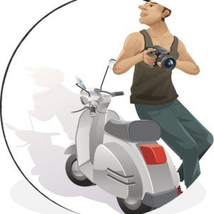 Illustration de quelqu’un avec un appareil photo et un scooter Vespa Cercle mural aluminium ⌀ 60 cm – impression photo sur cercle mural / cercle vivant / cercle jardin (décoration murale) Illustration de quelqu’un avec un appareil photo et un scooter Vespa Cercle mural aluminium ⌀ 60 cm – impression photo sur cercle mural / cercle vivant / cercle jardin (décoration murale)