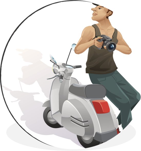 Illustration de quelqu'un avec un appareil photo et un scooter Vespa Cercle mural aluminium ⌀ 60 cm - impression photo sur cercle mural / cercle vivant / cercle jardin (décoration murale)
