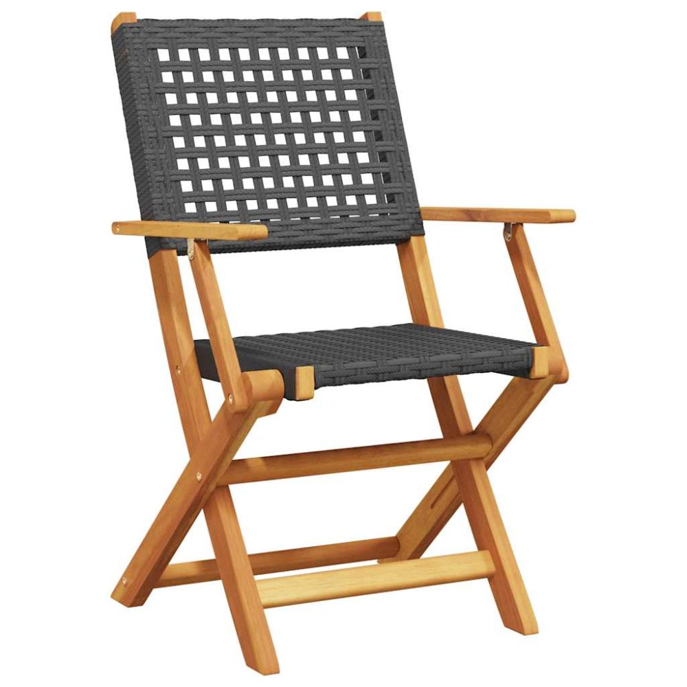 Folding Garden Chairs 8 pcs Black Poly Rattan and Solid Wood – Image 3