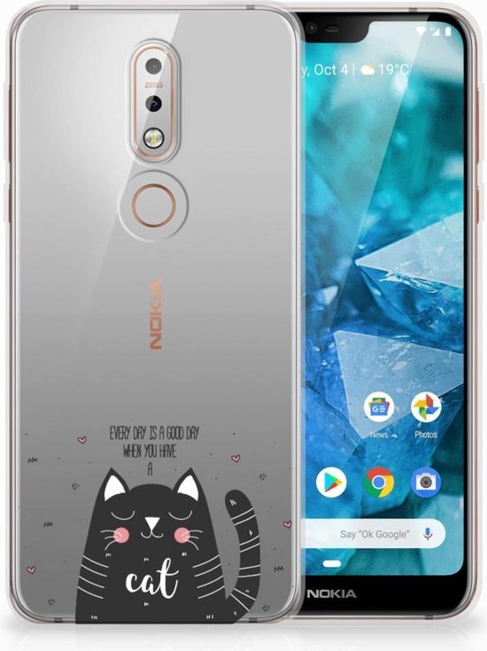 Housse en Cuir Etui de Protection pour Nokia 7.1 Coque Cat Good Day