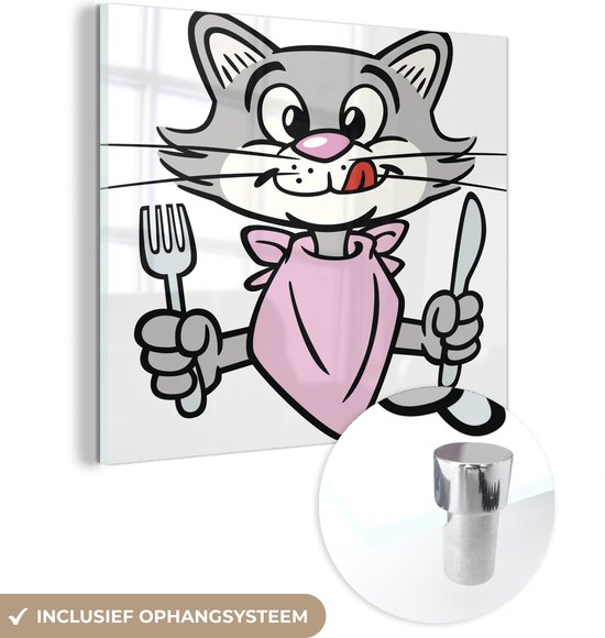 MuchoWow® Peinture sur verre 50x50 cm - Peinture acrylique sur verre - Chat - Couverts - Grijs - Photo sur verre - Peintures