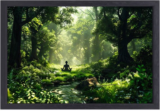 Méditer dans une forêt pleine de lumière - Toile de peinture de Méditation - Art mural forêt - Silhouette - Décoration sur toile avec cadre - Décoration de chambre - Toile avec cadre boîte 100x75 cm
