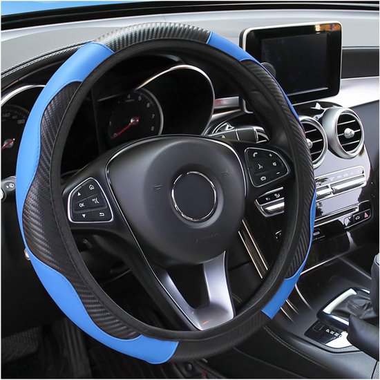 Housse de volant de voiture, 15 pouces, en microfibre de carbone et cuir PU, élastique pour hommes et femmes, antidérapante et respirante, accessoire intérieur pour la plupart des voitures (bleu)