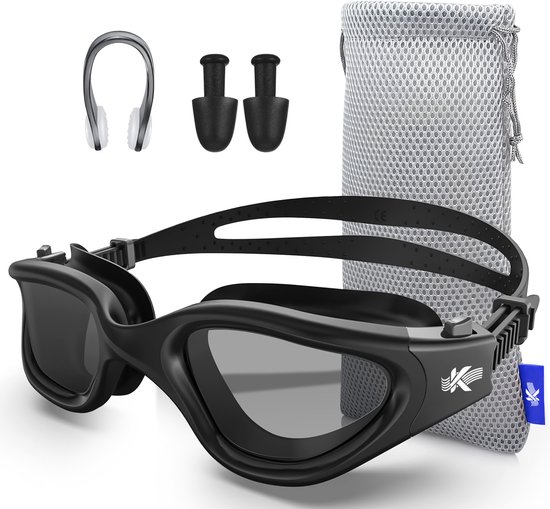 Lunettes de natation polarisées Kyrox - Anti-buée - Protection UV - Comprend des Bouchons d'oreilles et un pince-nez - Sangle réglable - Unisexe - Lunettes de natation pour adultes et enfants - Zwart