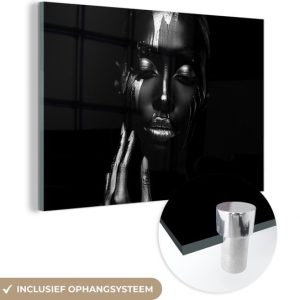 MuchoWow® Peinture sur verre 180×120 cm – Peinture sur verre – Femme – Abstrait – Zwart – Portrait – Photo sur verre acrylique – Décoration murale murale salon – Décoration murale chambre – Peintures