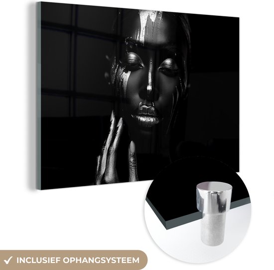 MuchoWow® Peinture sur verre 180x120 cm - Peinture sur verre - Femme - Abstrait - Zwart - Portrait - Photo sur verre acrylique - Décoration murale murale salon - Décoration murale chambre - Peintures