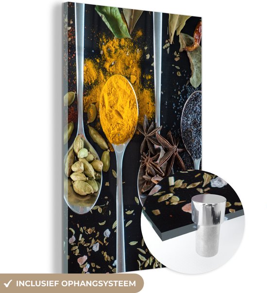 MuchoWow® Peinture sur Verre - Herbes - Cuillère - Épices - Zwart - Cuisine - 120x180 cm - Peintures sur Verre Acrylique - Photo sur Glas