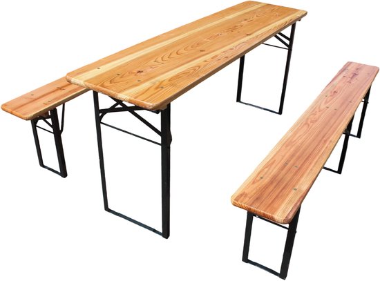 HAUSS SPOLE Ensemble table de brasserie - Table pliante avec 2 bancs - Peu encombrant et résistant aux intempéries - Pour jardin, pique-nique et fête - Naturel