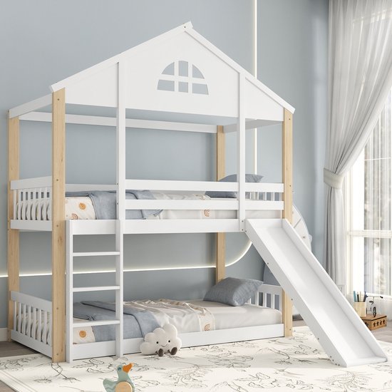 MODFU Lit superposé 90x200 cm en bois massif et MDF, avec toboggan, escalier et design maison