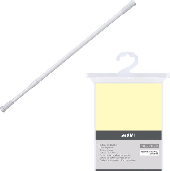 MSV Rideau de douche avec anneaux - jaune clair - polyester - 180 x 200 cm - avec tringle de suspension extensible 70-120 cm