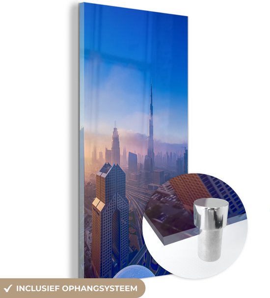 MuchoWow® Peinture sur verre 40x80 cm - Peinture sur verre acrylique - Un angle de soleil fantastique sur la ville de Dubaï - Photo sur verre - Peintures