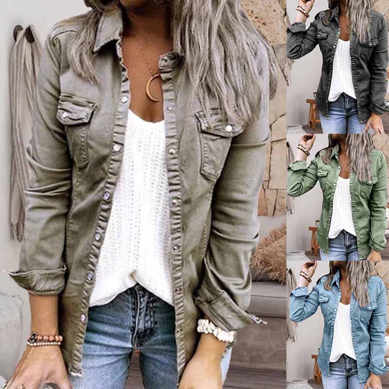 Veste en jean plissée à col à revers de couleur unie – Image 2