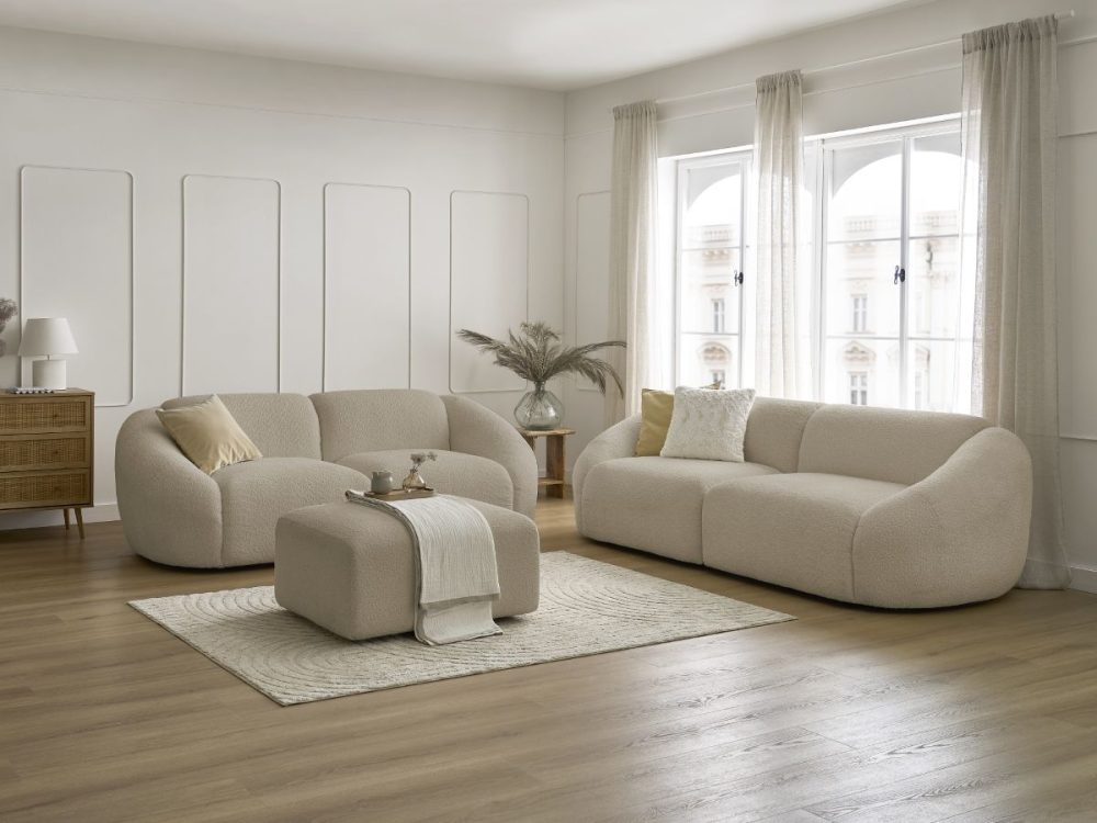Ensemble canape droit fixe 3 + 2 places TINA tissu bouclette avec pouf – Image 2