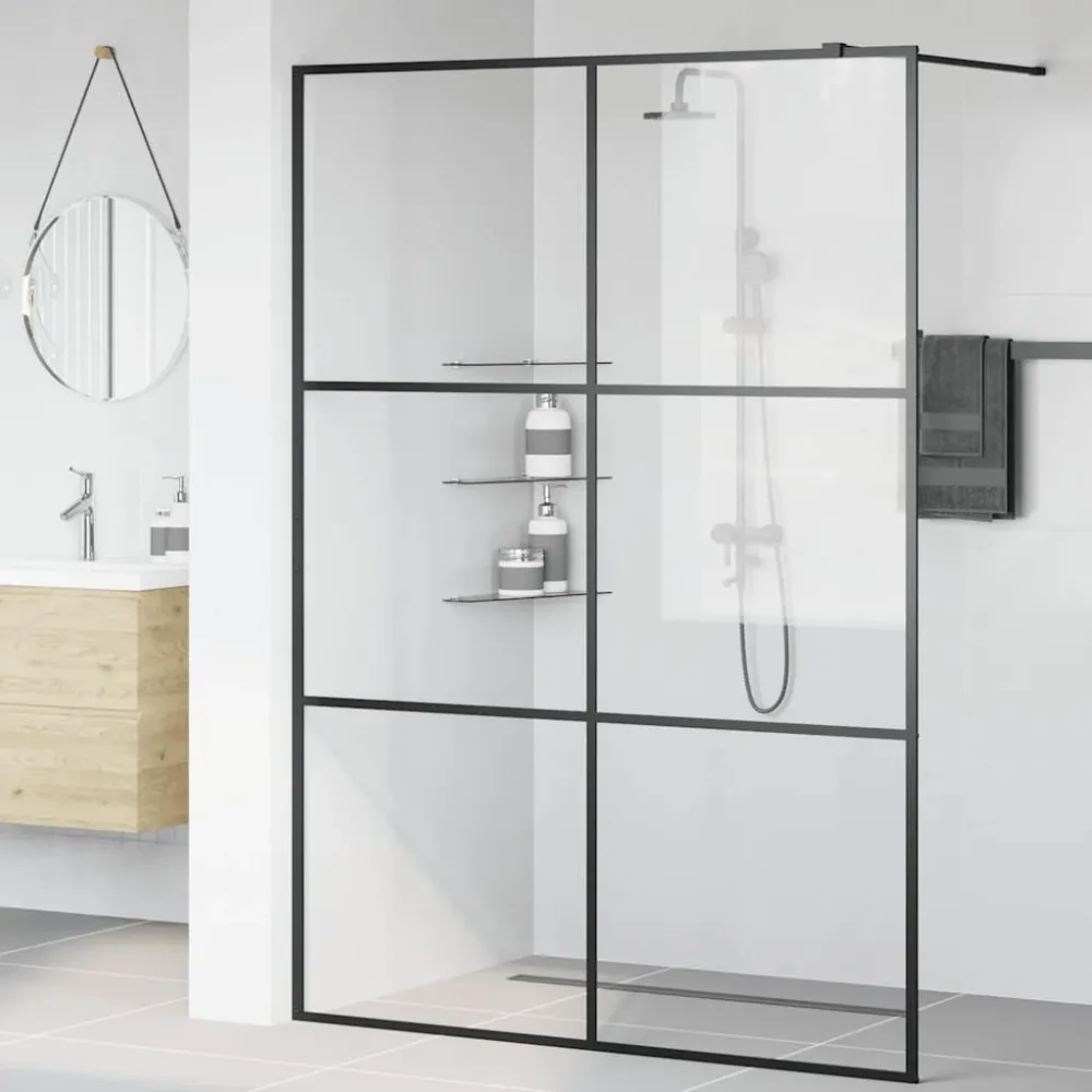 Walk-in Shower Wall with Clear ESG Glass 140x195 cm Black – Image 3