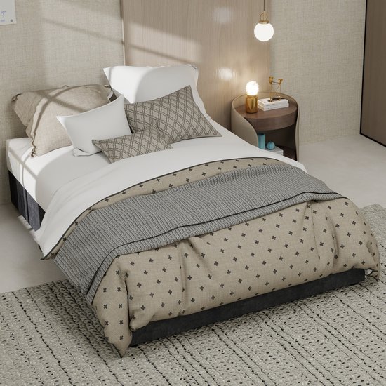 MODENUIT Lit rembourré 140x200 cm – Cadre de lit avec vérin à gaz – Avec tête de lit – Métal et tissu – Sans matelas – Gris