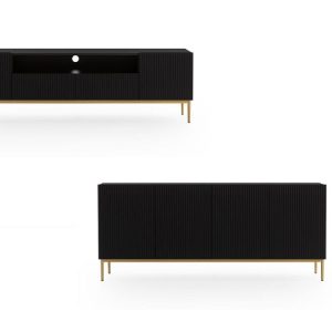 Ensemble KASHA avec Meuble TV 200 cm avec niche + Buffet 4 portes 200 cm pieds or