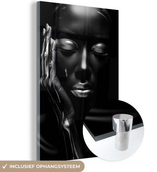 MuchoWow ® Peinture sur verre 60x90 cm - Peinture sur verre - Femme - Abstrait - Wit Zwart - Portrait - Photo sur verre acrylique - Décoration murale salon - Décoration murale chambre - Peintures