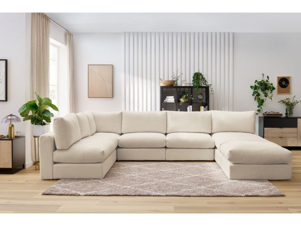 Canape d'angle fixe 100% modulable PARIS tissu bouclette 3 chauffeuses, 1 meridienne, 1 angle, 1 pouf – Image 3