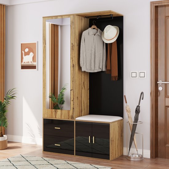 OKWISH Garde-robe Met Miroir Et Banc À Chaussures - Compartiment De Rangement Ouvert Et Caché - 100x38x180 cm - Rangement Pour 8-12 Paires - Noir+Marron Clair - Panneau De Particules