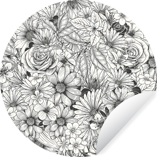 Illustration en Zwart et blanc de motif floral autocollant de papier peint cercle mural ⌀ 30 cm / cercle de papier peint / cercle mural / cercle vivant - découpe auto-adhésive et ronde