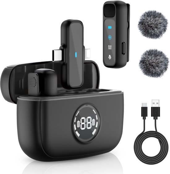 Microphone sans fil Strolox® - 2 pièces - Étui de chargement - Lavalier - Pare-brise - Pince à cravate - Batterie longue - USB-C/Lightning - Plug & Play