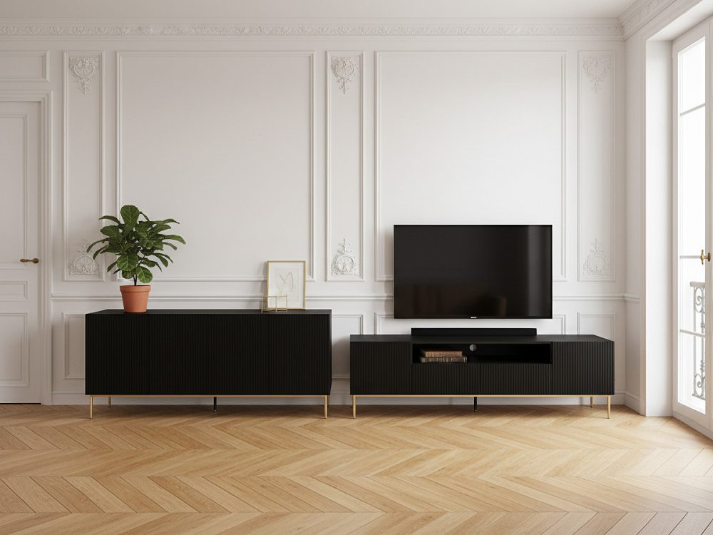 Ensemble KASHA avec Meuble TV 200 cm avec niche + Buffet 4 portes 200 cm pieds or – Image 2