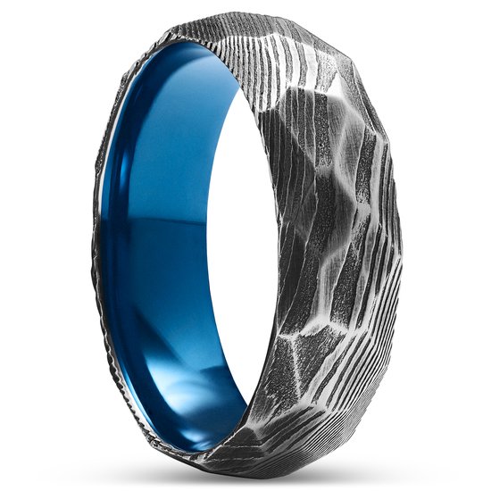 Fortis | Anneau à facettes en acier Damas gris gunmetal et titane bleu – 7 mm