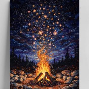 Panneau mural métallique Kampvuur Starry Night – Affiches Nature – Art – Nuit – Panneau mural métallique – Met Système d&rsquo;accrochage – Dibond aluminium 3 mm – DBS6601KMD – Format 50 x 70 cm
