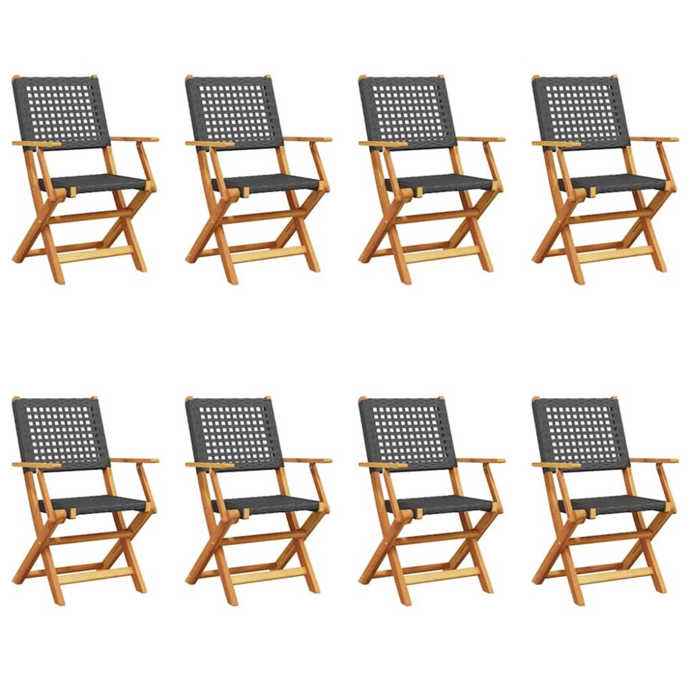 Folding Garden Chairs 8 pcs Black Poly Rattan and Solid Wood – Image 2