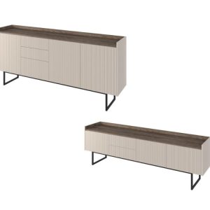 Ensemble LOUNA avec buffet 192 cm + meuble TV 192 cm beige et effet bois avec tasseaux et LED