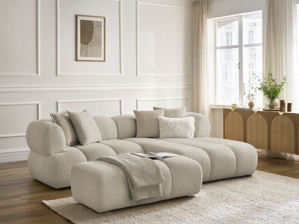 Canape d'angle fixe PAMIRA tissu bouclette avec pouf – Image 2