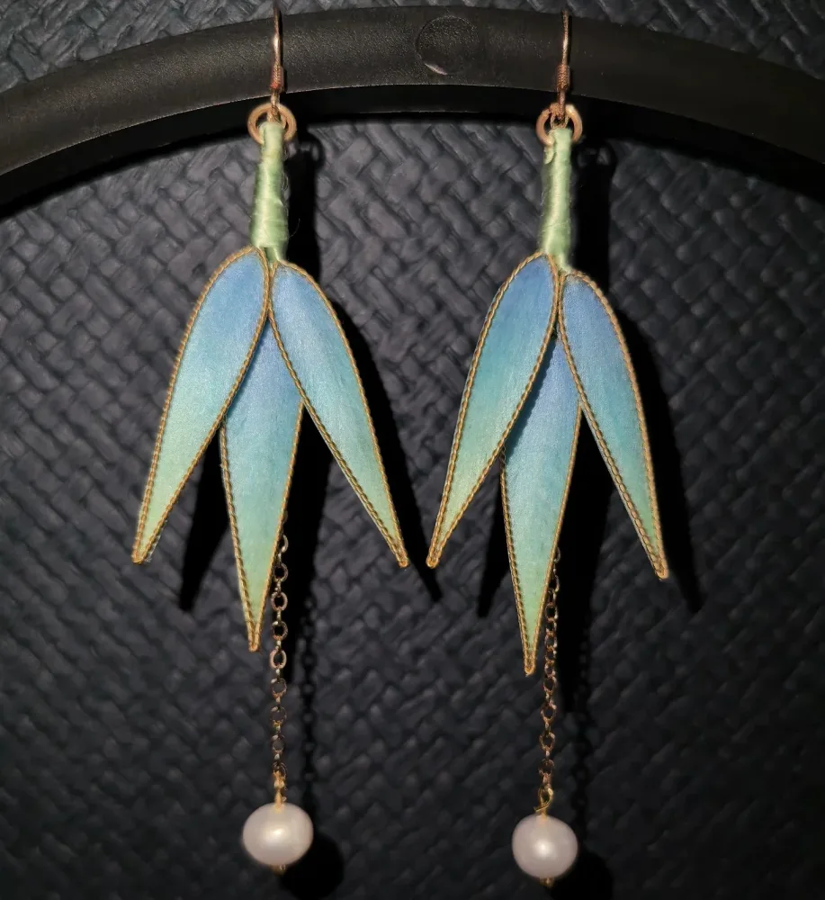 Handmade Ronghua Blue-Green Bamboo Leaf Earrings | Mulberry Silk Velvet Double Leaf Drop Earrings with Pearl – Image 2