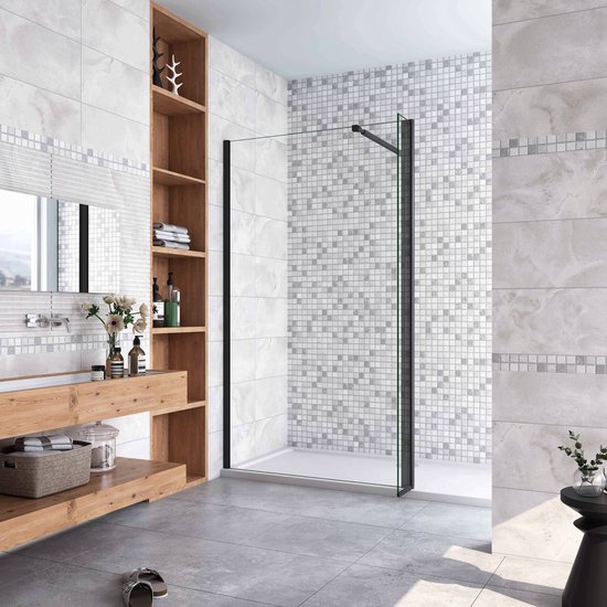 Inloopdouche-douchewand-walk in 8mm NANO EasyClean veiligheidsglas,100x200cm+30x200cm draaibaar hoekprofiel+73-120cm Stabilisatiestang,mat zwart aluminium profiel.