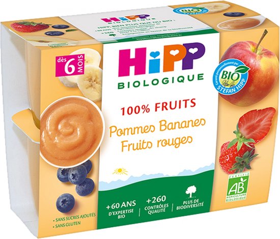 HiPP 100% Fruits Pommes Bananes Fruits Rouges Dès 6 Mois Bio 4 Pots