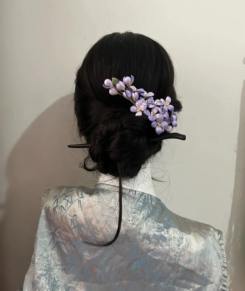 Handcrafted Mulberry Silk Ronghua Lilac Flower Hairpin – Image 3