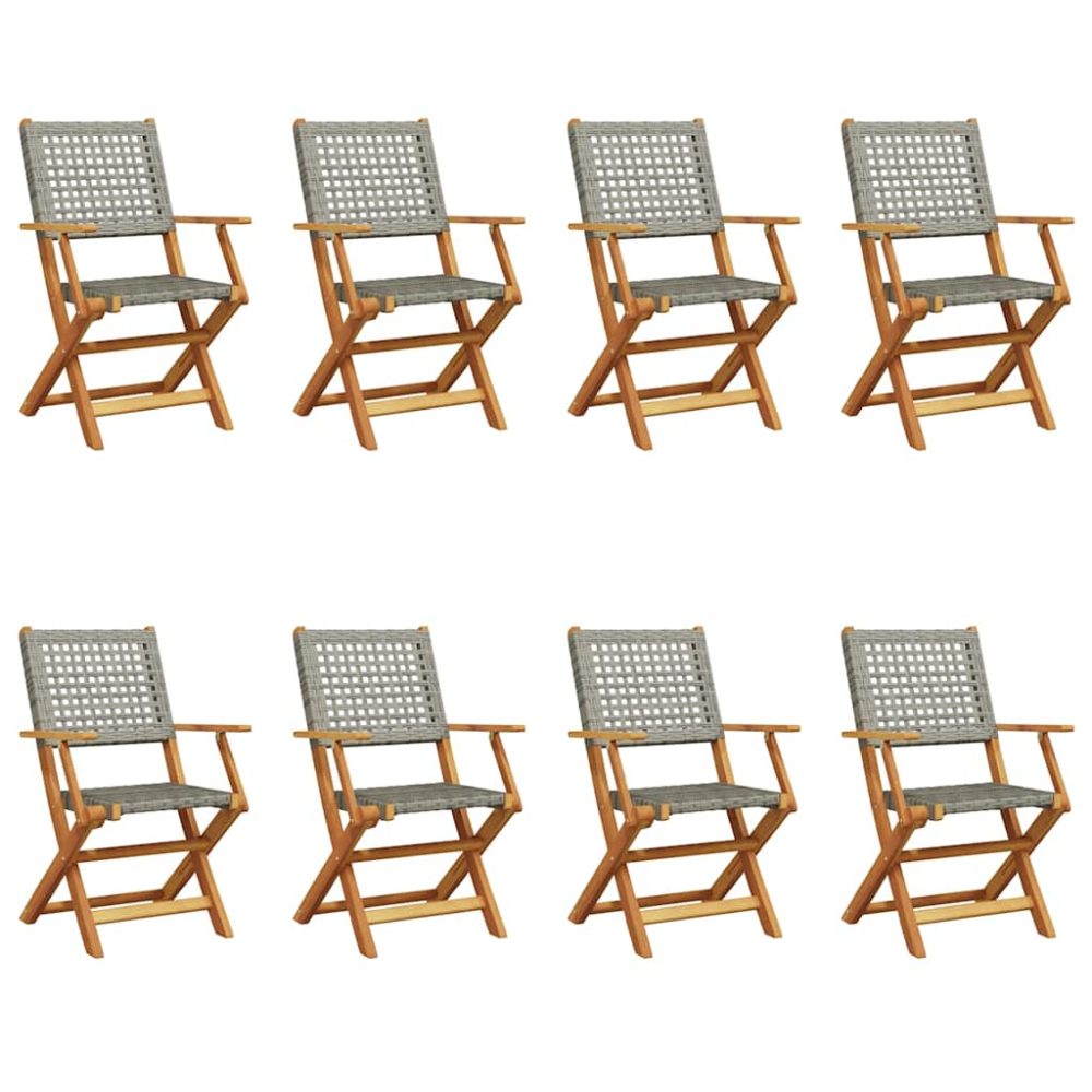 Folding Garden Chairs 8 pcs Grey Poly Rattan and Solid Wood – Image 2