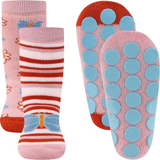 Ewers Chaussettes antidérapantes – Lot de 2 – Papillon & Rayures Rose / Wit/ Marron orange – Rose & Fleurs/ Papillons – Clous antidérapants-23/26