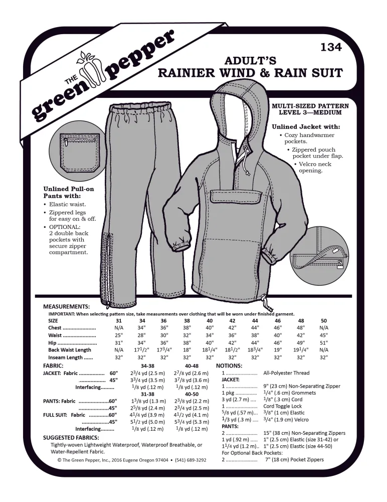 134 – Adult's Rainier Wind & Rain Suit | The Green Pepper - PDF Sewing Pattern