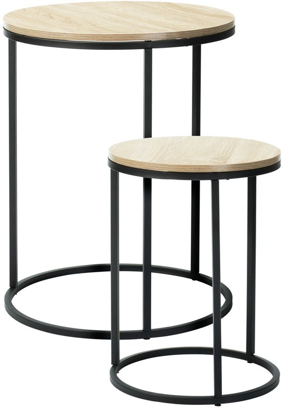 Home & Styling Ensemble de tables d'appoint 2x pièces Verona - noir/naturel - P40 x H50 cm/P30 x H40 cm - métal/bois - rehausseur de pot de fleurs - tables basses