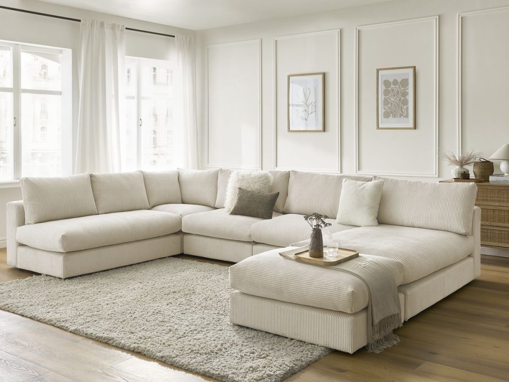 Canape d'angle modulable PARIS velours cotele avec 3 chauffeuses, 1 meridienne, 1 angle, et 1 pouf – Image 2