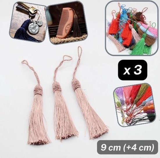 Lot de 3 pompons/pendentifs/breloques en viscose, longueur 9 cm, couleur vieux rose