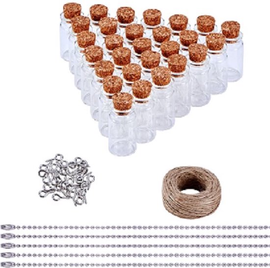 Pack de loisirs complet avec 30 bouteilles, 40x22 mm, comprenant des bouchons, des crochets, 30 m de corde de chanvre et 5 chaînes à billes.