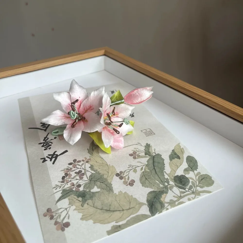 Handcrafted Pink Lily Ronghua Hair Pin | Mulberry Silk Floral Accessory – Image 2