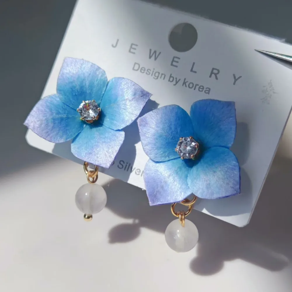 Handmade Ronghua Blue Hydrangea Drop Earrings | Mulberry Silk Velvet Flower Earrings – Image 2