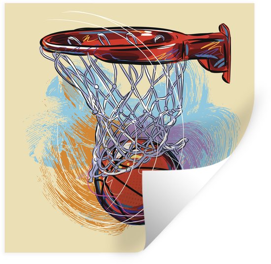 Illustration sticker Muursticker de Basketbal - illustration de basket - ball frapper un objectif à pleine vitesse - 30x30 cm - un film adhésif autocollant - sticker mural repositionnable