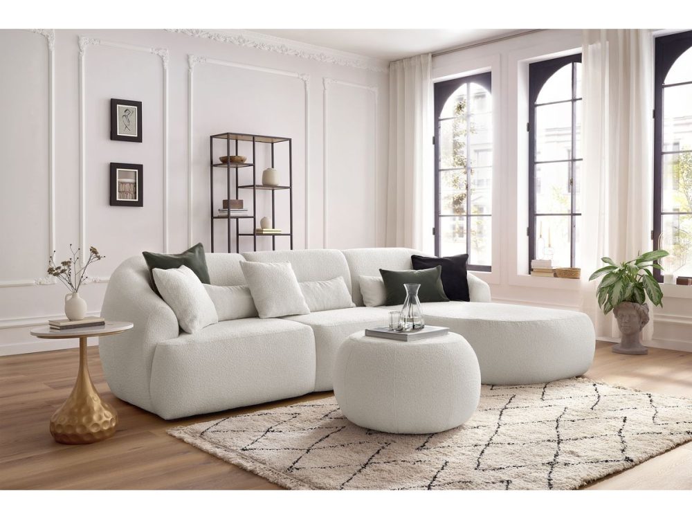 Canape d'angle fixe ALESIA tissu bouclette avec pouf – Image 2