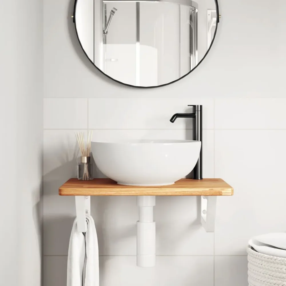 Basin Shelf Wall Mounted Steel and Solid Wood Oak – Image 3