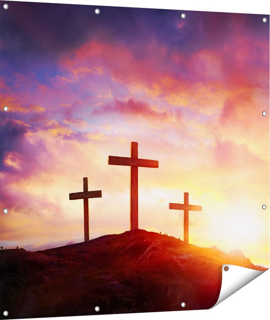 Gards Affiche de jardin Crucifixion de Jésus Christ - Trois Croix - 110x110 cm - Toile de jardin - Décoration de jardin - Décoration murale extérieur - Tableau de jardin