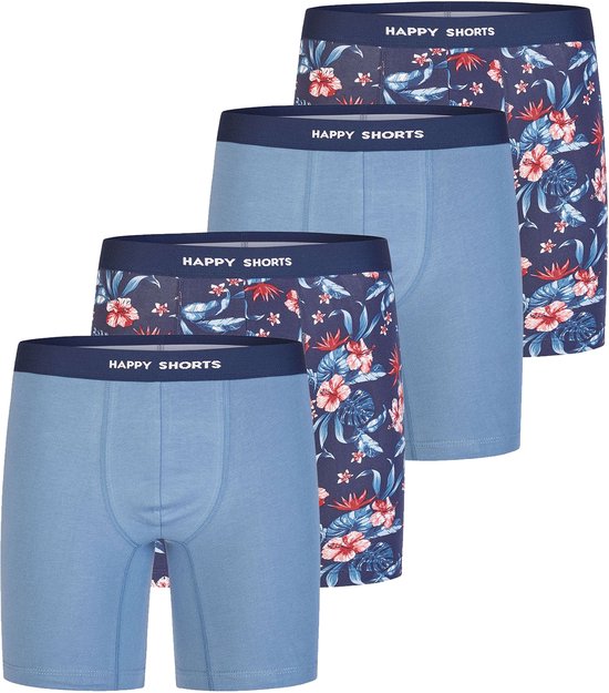 Happy Shorts Heren Boxershorts Met Lange Pijpen Boxer Briefs 4-Pack Hawaii Gebloemd/Blauw - Maat XL